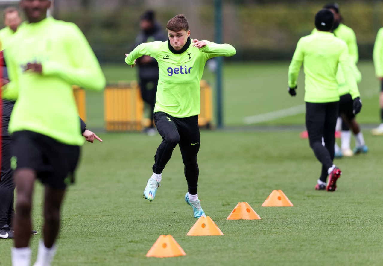 Alfie Devine takes part in Spurs training session