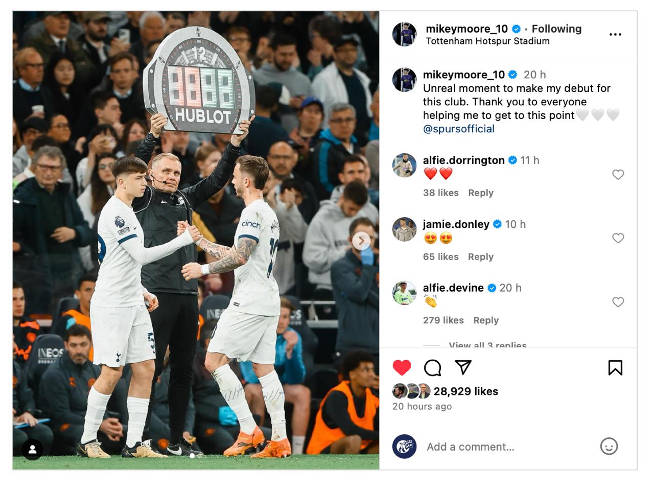 ‘Unreal’ – Tottenham’s Mikey Moore takes to social media after breaking PL record