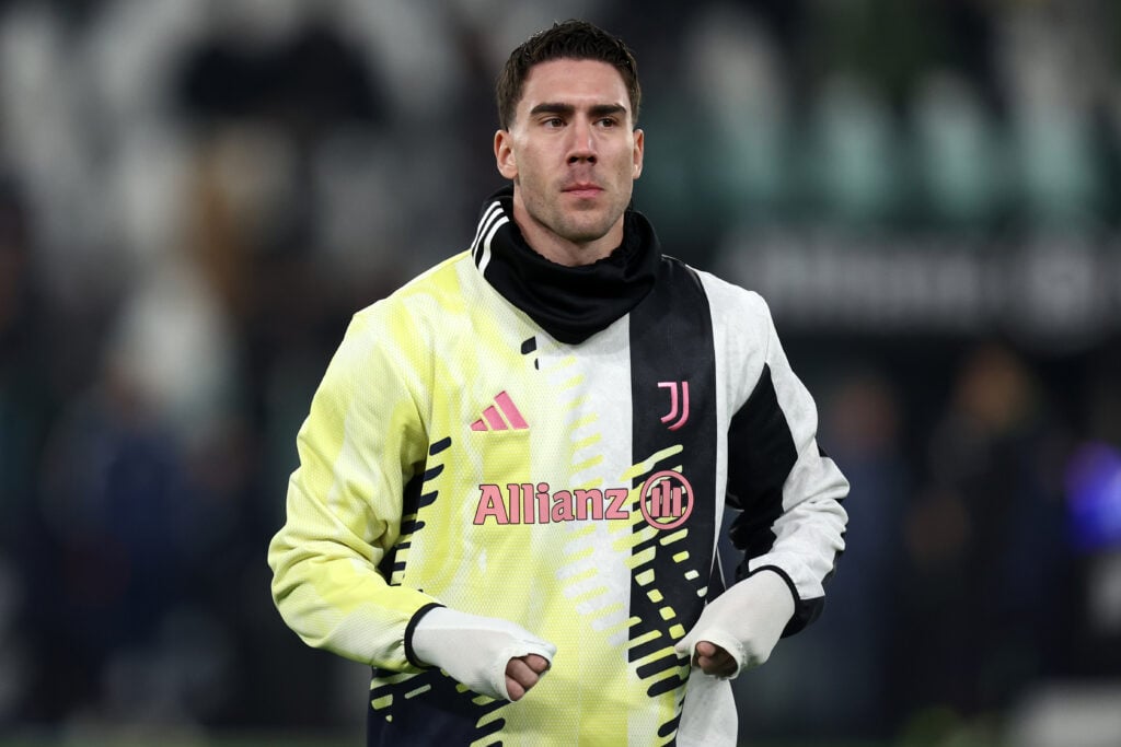 Dusan Vlahovic of Juventus Fc during warm up before the