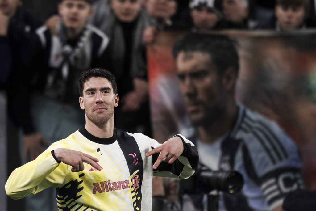 Dusan Vlahovic of Juventus FC gestures at the end of the