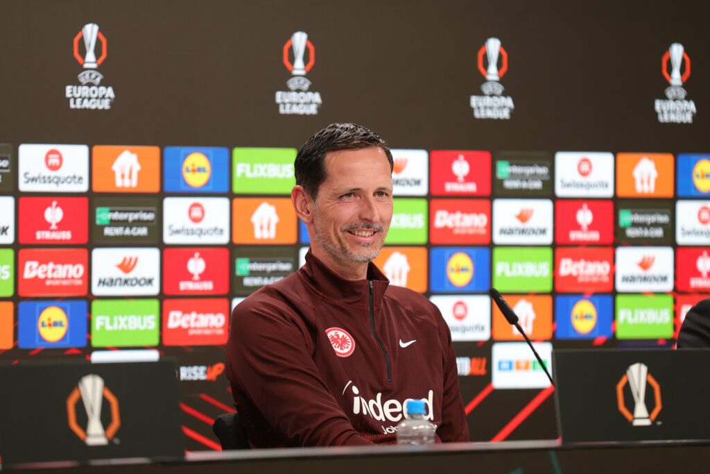 Eintracht Frankfurt Training Session And Press Conference - UEFA Europa League 2024/25 Quarter Final Second Leg