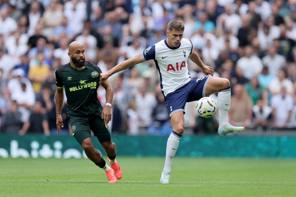 Bryan Mbeumo faces off against Tottenham's Micky Van de Ven