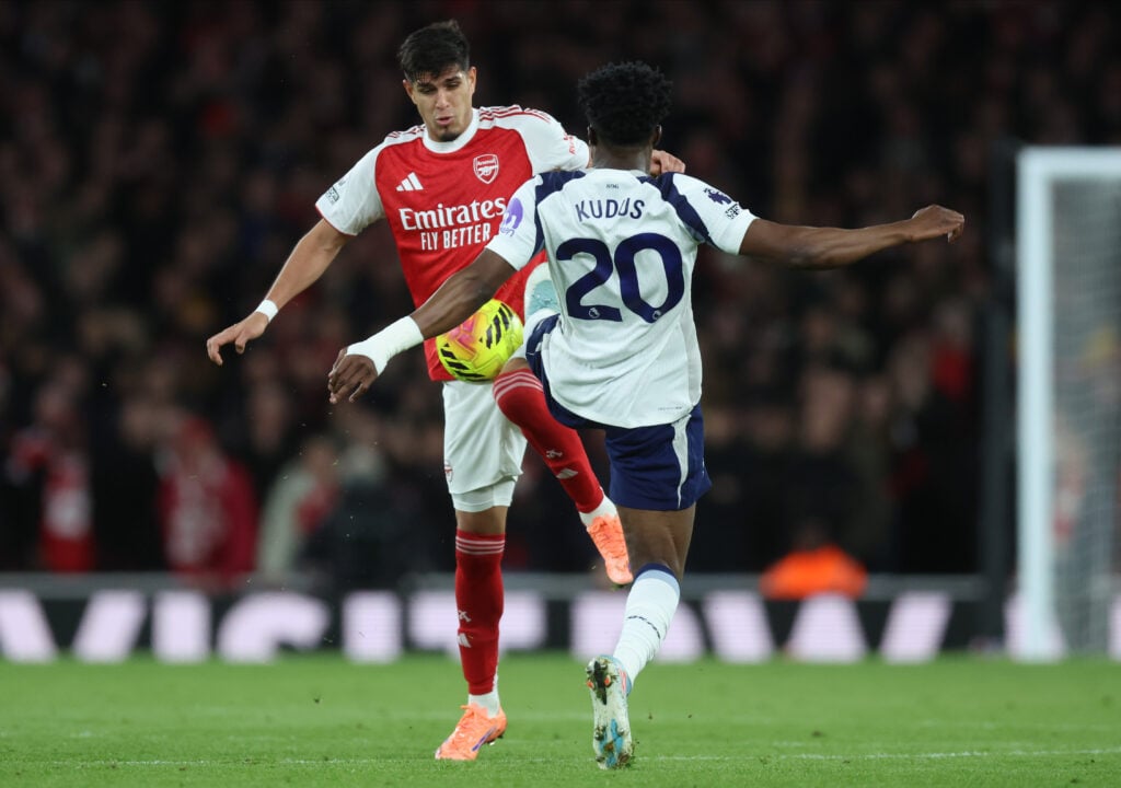 Piero Hincapie of Arsenal and Mohammed Kudus of Tottenham Hotspur