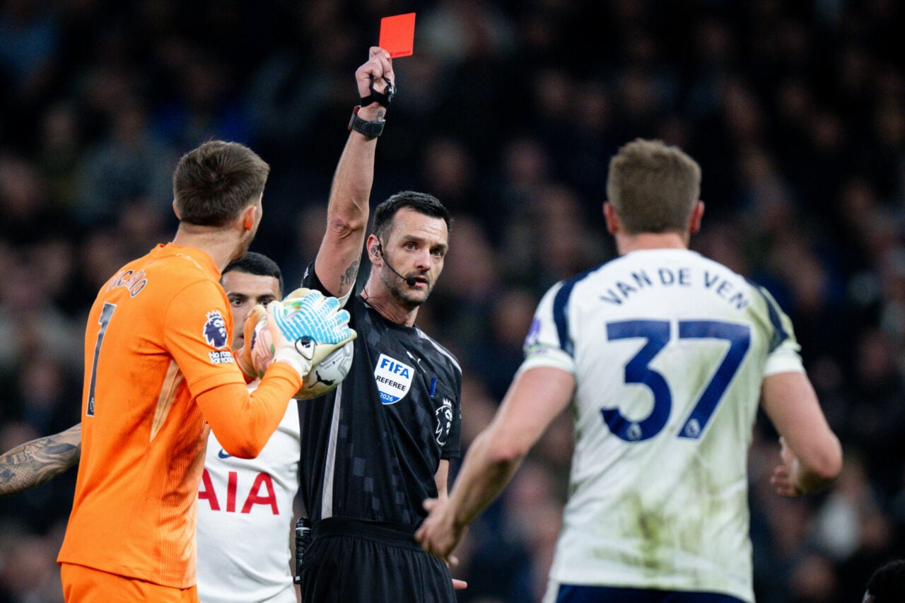 How many games will Micky van de Ven miss for Tottenham Hotspur after his red card