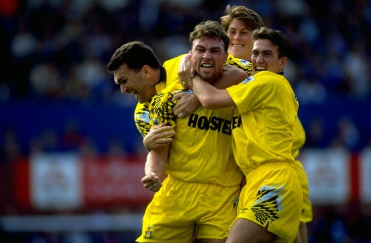 Undated:  Jason Cundy of Tottenham Hotspur celebrates with his team mates after scoring a goal during a match against Ipswich Town at Portman Road ...