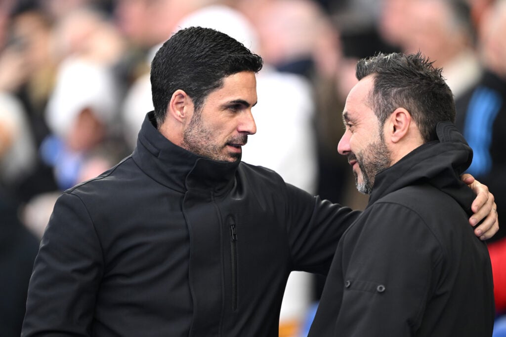 Mikel Arteta of Arsenal and Roberto De Zerbi now of Tottenham