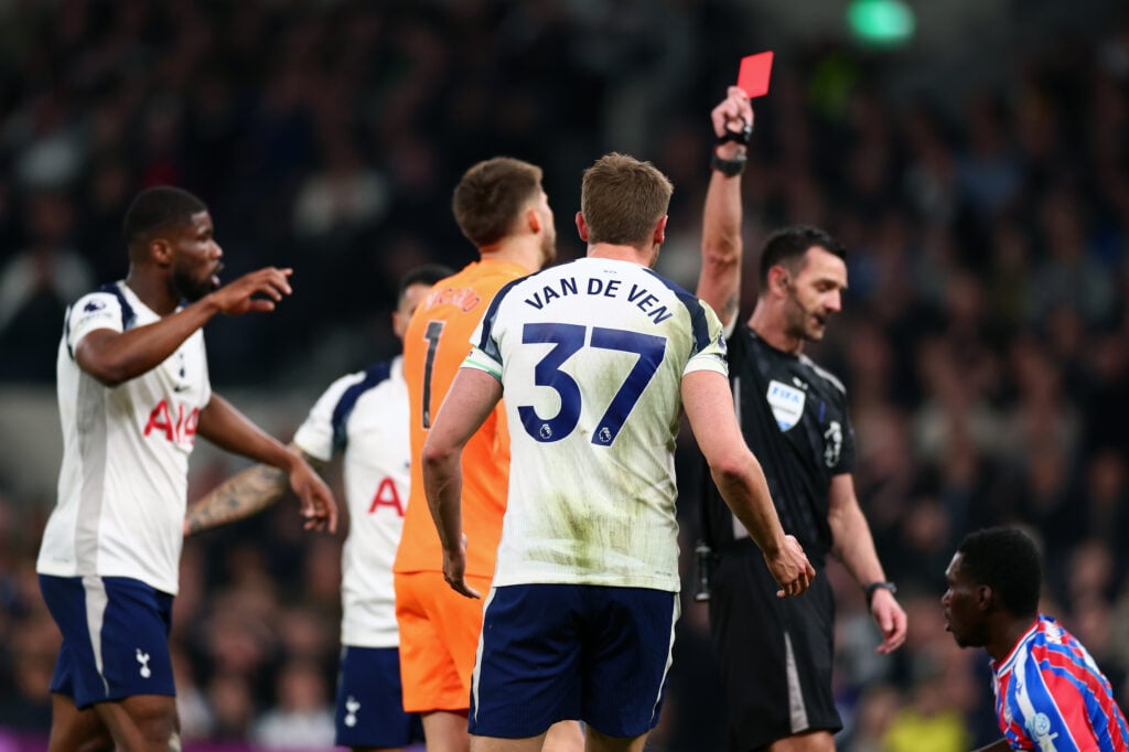 Tottenham Hotspur v Crystal Palace - Premier League - Andy Madley hands Micky Van de Ven a red card