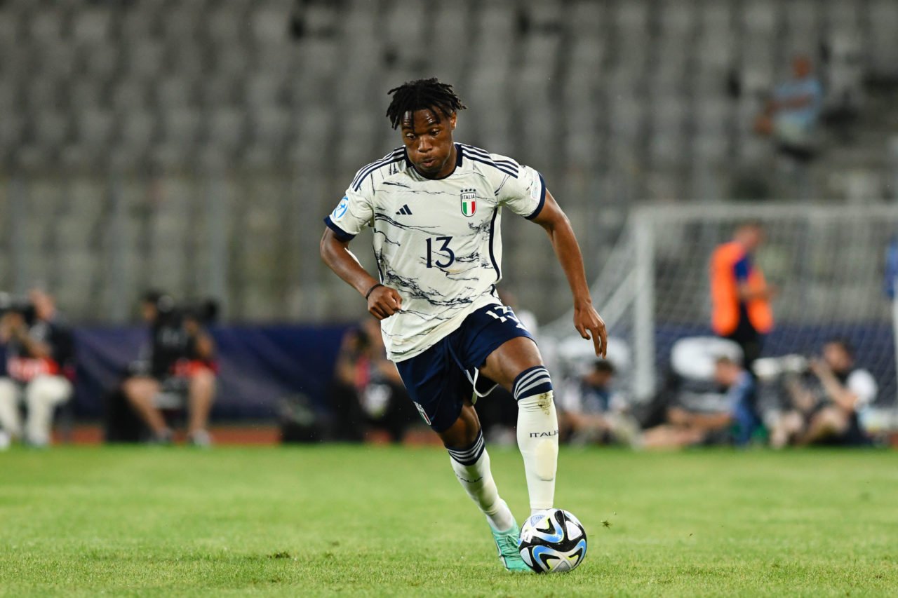 Destiny Udogie in action during UEFA European Under-21 Championship for Italy