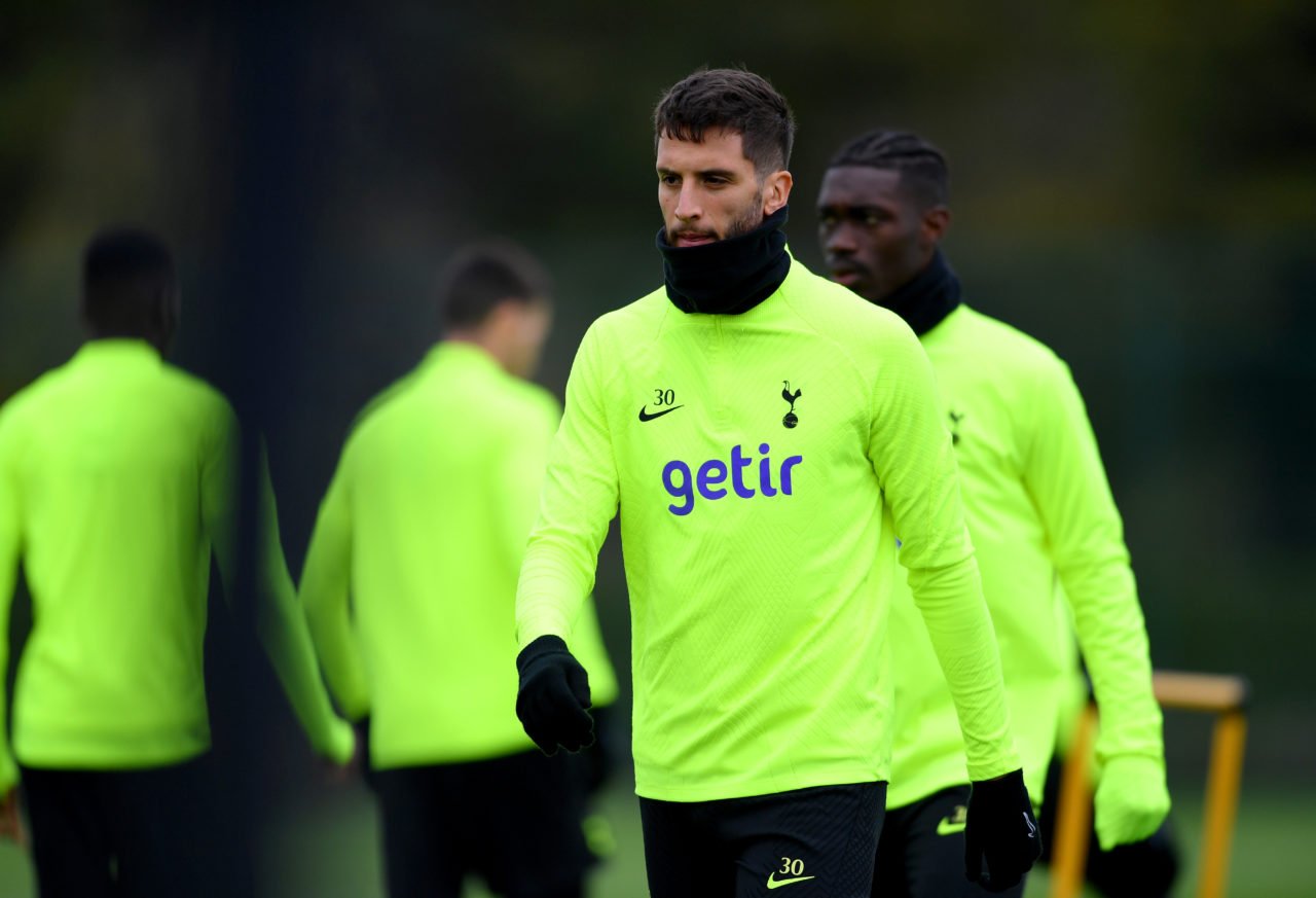 odrigo Bentancur of Tottenham Hotspur looks on during a training session