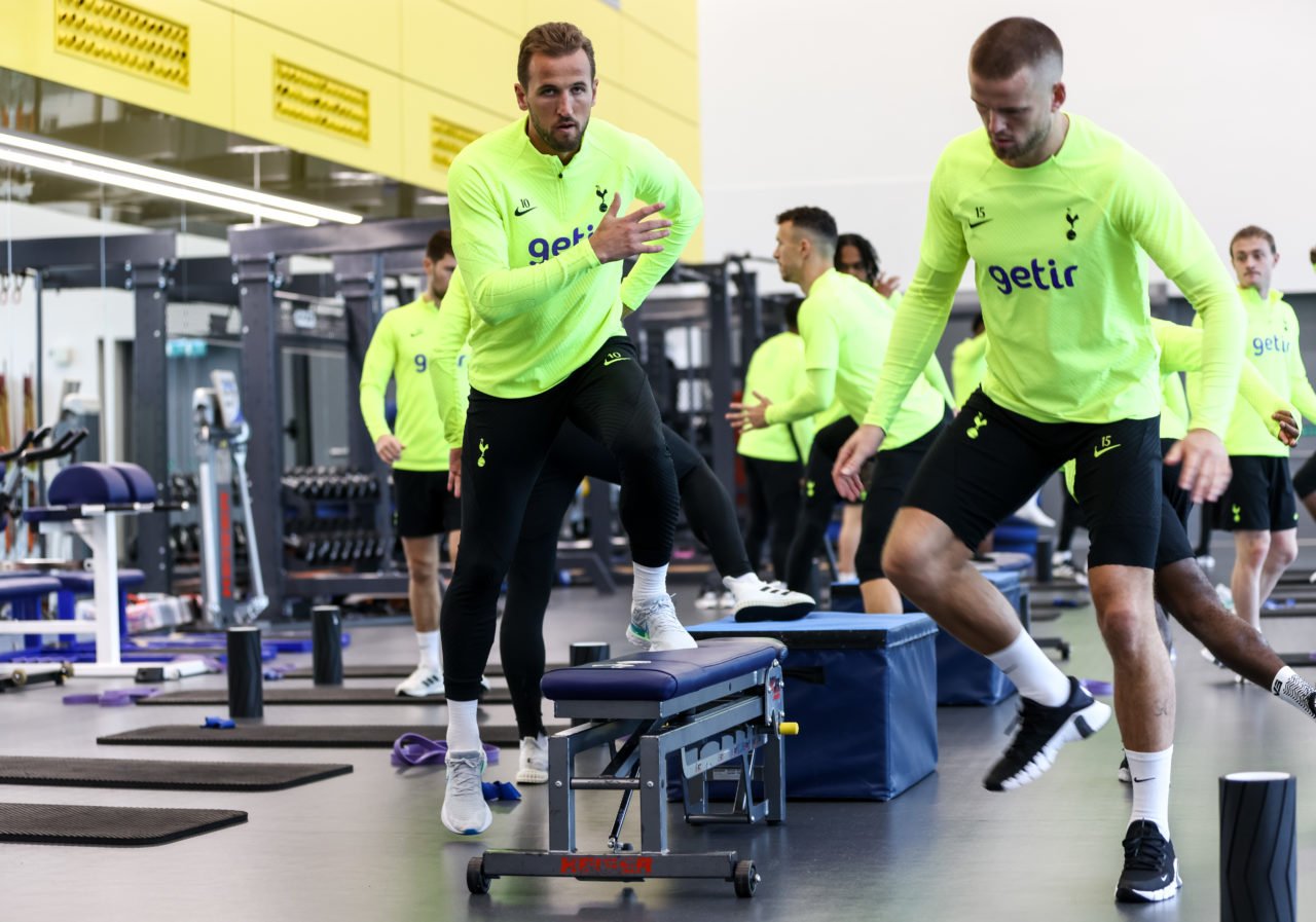 Harry Kane and Eric Dier of Tottenham Hotspur during a training session at Tottenham Hotspur Training Centre