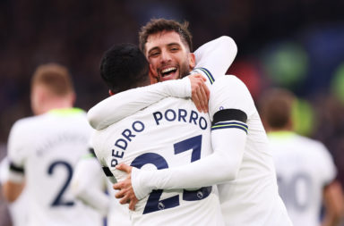 odrigo Bentancur of Tottenham Hotspur celebrates with teammate Pedro Porro