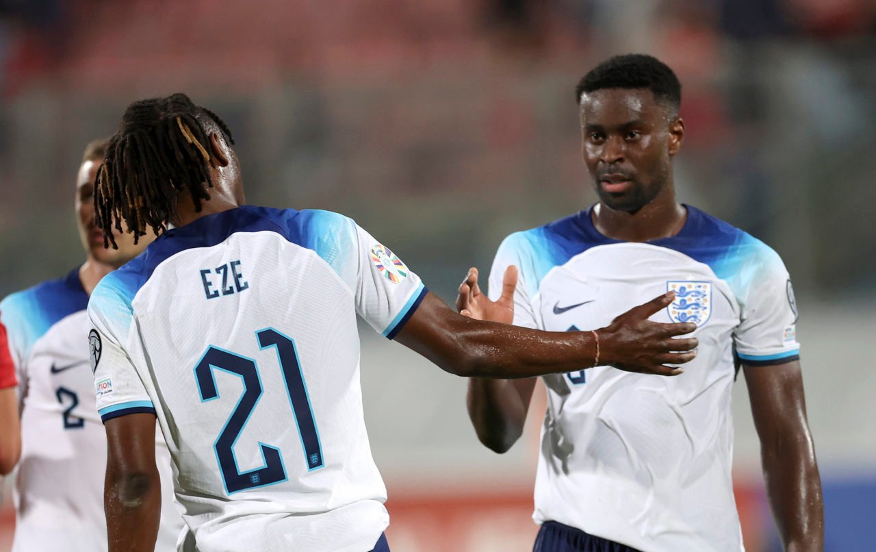 Eberechi Eze and Marc Guehi of England interact during the UEFA EURO 2024 qualifying round group C match between Malta and England