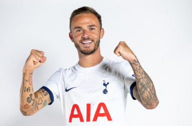 James Maddison celebrates as he signs for Tottenham Hotspur