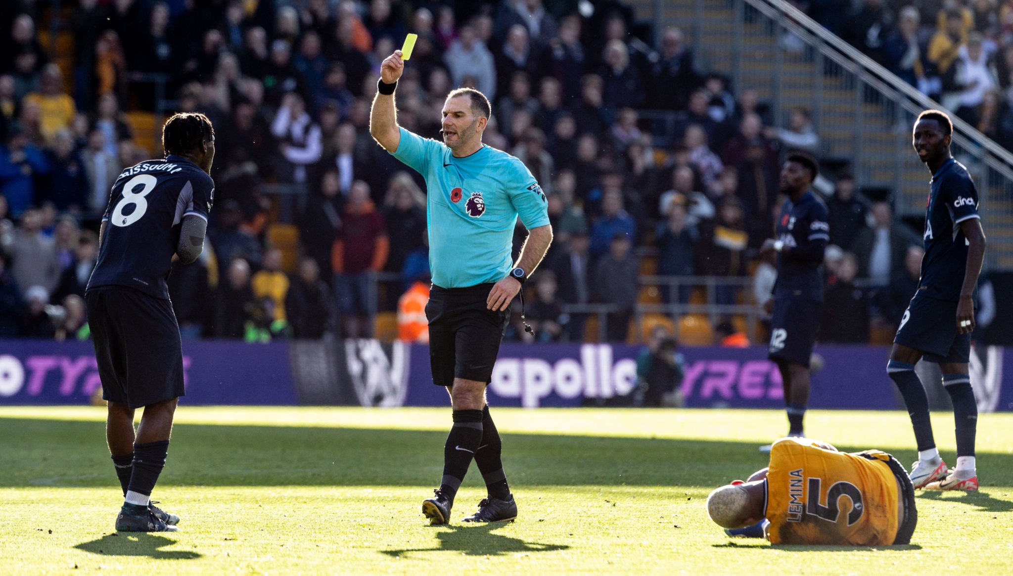 Tottenham midfielder Yves Bissouma received a yellow card against Wolves.